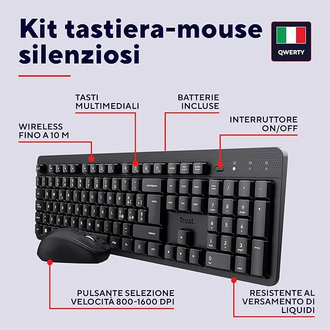 Set tastiera e mouse wireless Trust Taro layout italiano QWERTY